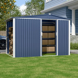 Metal Outdoor Storage Shed 10FT x 6FT with Firewood Storage, Steel Utility Tool Shed Storage House with Sliding Door, Metal Sheds Outdoor Storage for Backyard Garden Patio Lawn, Blue SUXXAN