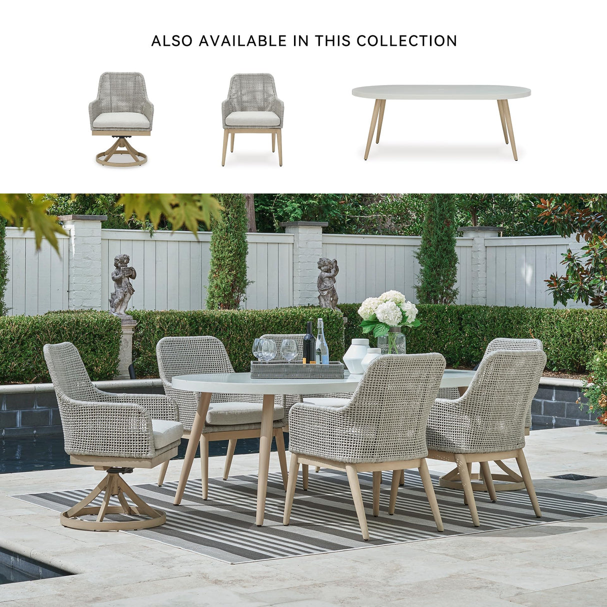 Signature Design by Ashley Seton Creek Cottage Weather Resistant Outdoor Swivel Dining Chair with Cushion, Set of 2, Light Brown & Light Gray Signature Design by Ashley