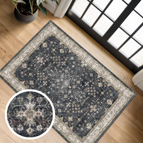 Black Washable 2x3 Entry Rug, Small Rugs for Entryway Kitchen Bathroom Door Mat Indoor Entrance, Non Slip Rubber Backing, Stain & Fade Resistant, Ashen Charcoal Floral Farmhouse Decor Hazo Haus