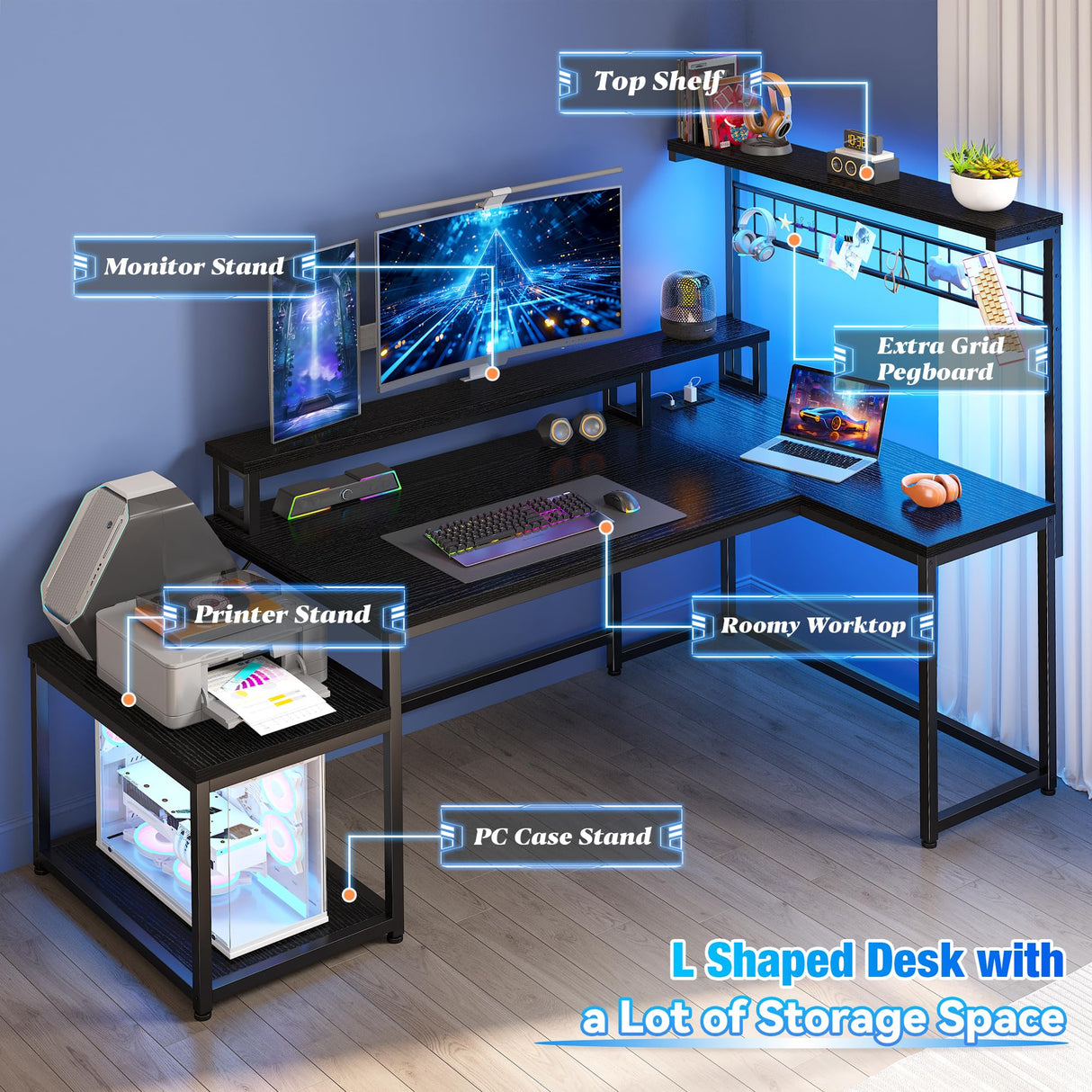 EnHomee L Shaped Gaming Desk with LED 55" Gaming Desk with Power Outlets Reversible L Shaped Desk with Long Monitor Stand & Storage Shelf,Cool Black Desk for Gaming Room,Home Office,Dorm,Black EnHomee
