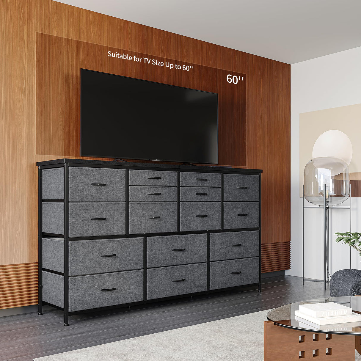 EnHomee TV Stand Dresser 60''TV Stand with Charging Station TV Stands for Living Room Long Dresser for Bedroom TV Stand with 16 Drawers Storage TV Stand for Bedroom Dresser 51.1''W*11.8''D*34.8''H EnHomee