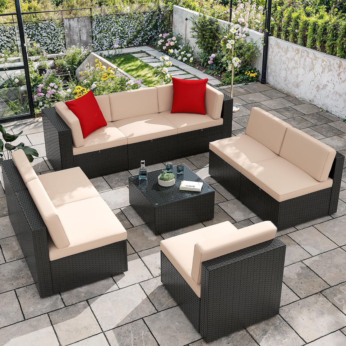 Greesum Patio Furniture Sets 9-Pieces Outdoor PE Rattan Sectional Sofa with Thickened Cushions and Glass Coffee Table,Beige Greesum