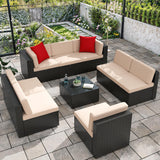 Greesum Patio Furniture Sets 9-Pieces Outdoor PE Rattan Sectional Sofa with Thickened Cushions and Glass Coffee Table,Beige Greesum