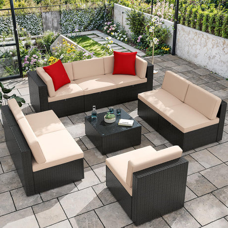 Greesum Patio Furniture Sets 9-Pieces Outdoor PE Rattan Sectional Sofa with Thickened Cushions and Glass Coffee Table,Beige Greesum