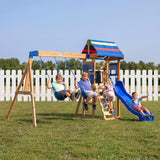 Backyard Discovery Bay Pointe All Cedar Wooden Swing Set, Large Upper Deck with Canopy, Sandbox, Rock Wall, Slide, Two Swings, Chalkboard Blue Backyard Discovery