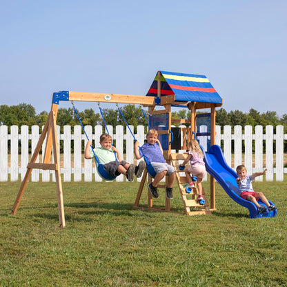 Backyard Discovery Bay Pointe All Cedar Wooden Swing Set, Large Upper Deck with Canopy, Sandbox, Rock Wall, Slide, Two Swings, Chalkboard Blue - WoodArtSupply