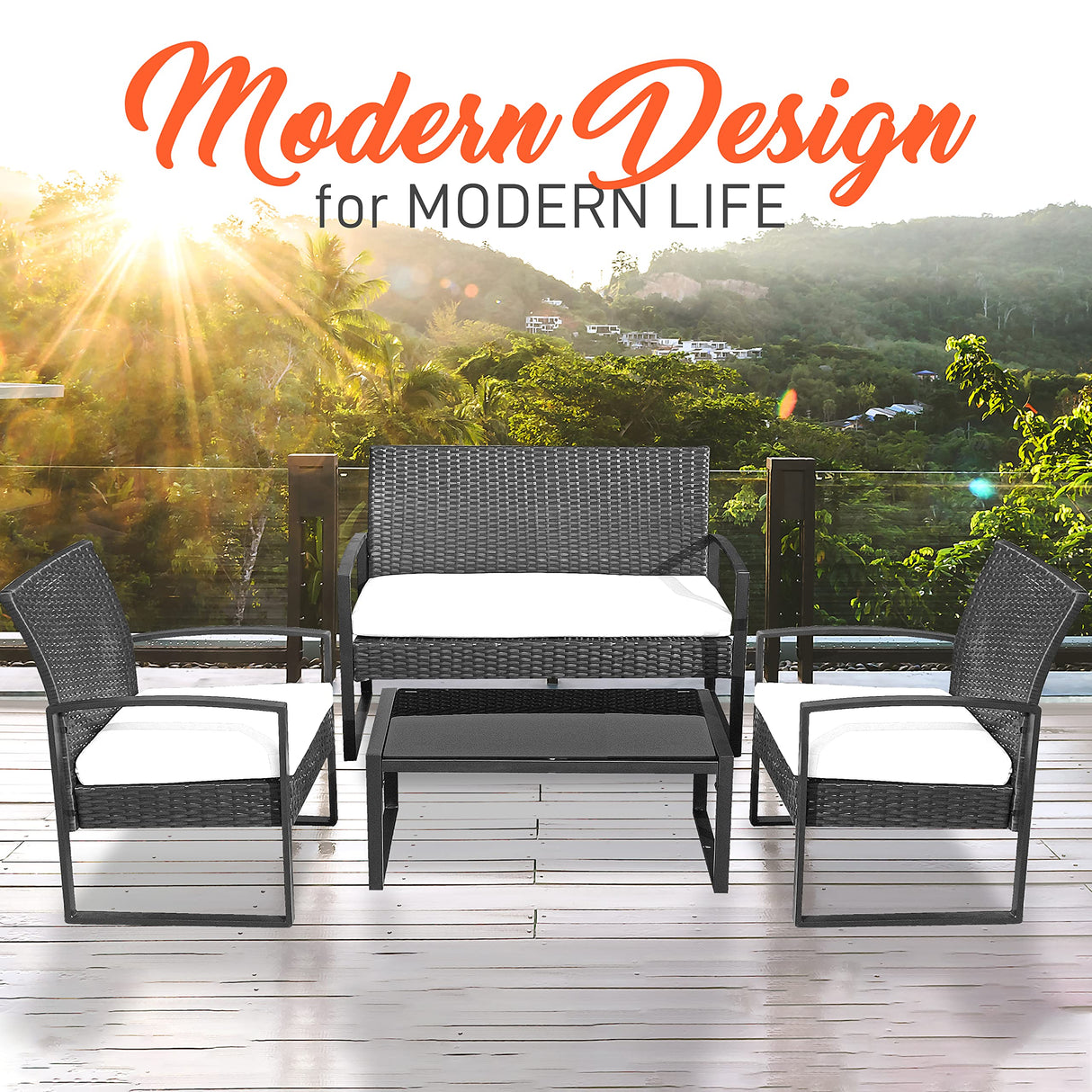 SereneLife Outdoor Living Rattan Furniture, Includes 1 Double & 2 Single Chairs with Cushion & 1 Glass-top Coffee Table 4 Piece Conversation/Chat Set, (Off Black) SereneLife