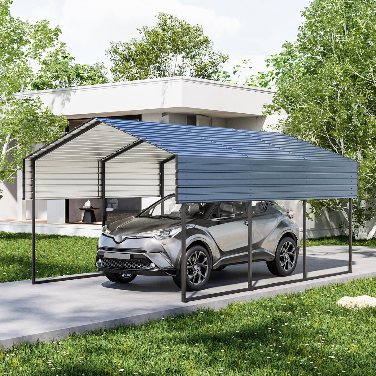 Metal Carport 10'x15'x8.5' Ft Heavy Duty Grey Galvanized Steel Roof Multi-Use Shelter Canopy with Metal Frame, Prefab Carport Garage for Cars, Boats, and Tractors DEYEGELEA