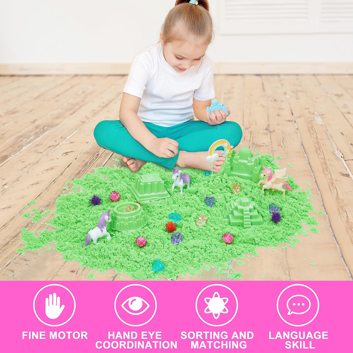 Carolart Unicorn Sensory Bin, Castle Molds, Sand Art Kit for Boys and Girls, Squishy Sand for Toddlers 3+ Carolart