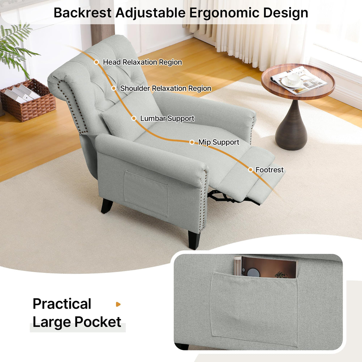 choairy Pushback Recliner Chair, Accent Push Back Chair with Adjustable Footrest Wingback, Upholstered Linen Fabric Reclining Sofa with Side Pocket, Comfy Modern Armchair for Living Room, Light Grey choairy