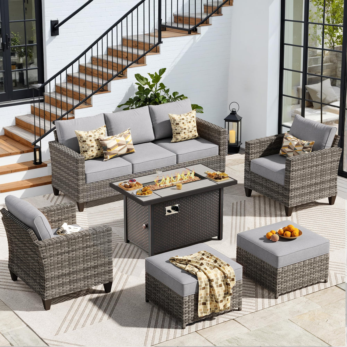 CAODOC 6-Piece Outdoor Wicker Patio Set with 7 Seats, Including 43" Fire Pit - Sectional Sofa and Conversation Set for Backyard or Lawn, Gray Rattan with Waterproof Dark Gray Cushions CAODOC
