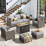 CAODOC 6-Piece Outdoor Wicker Patio Set with 7 Seats, Including 43" Fire Pit - Sectional Sofa and Conversation Set for Backyard or Lawn, Gray Rattan with Waterproof Dark Gray Cushions CAODOC