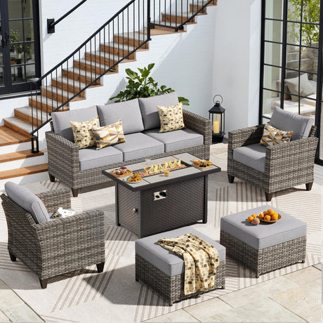 CAODOC 6-Piece Outdoor Wicker Patio Set with 7 Seats, Including 43" Fire Pit - Sectional Sofa and Conversation Set for Backyard or Lawn, Gray Rattan with Waterproof Dark Gray Cushions CAODOC