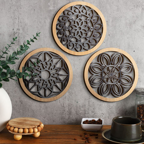 Ferraycle 6 Pieces Thicken Rustic Wall Decor Farmhouse Wall Art Decor Wooden Round Wall Art Rustic Hollow Carved Wall Art for Living Room Bedroom Kitchen Decor Small Size 9.8" x 9.8" (Wood Color) Ferraycle
