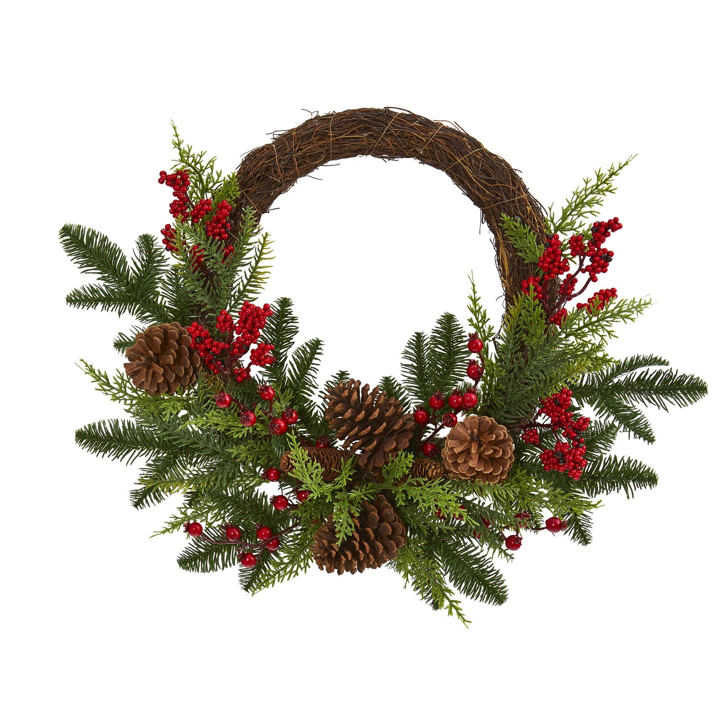 Nearly Natural 22in. Mixed Cedar with Berries and Pine Cones Artificial Wreaths, Green/Red , 3.5x22x22