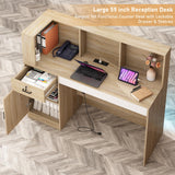 55" Reception Desk with LED Lights Power Outlets,L-Shaped Modern Front Desk Reception Room Table with Cable Grommet,Lockable Drawers,Retail Checkout Counter for Lobby,Salon,Home Office Desk,Oak Hlivelood