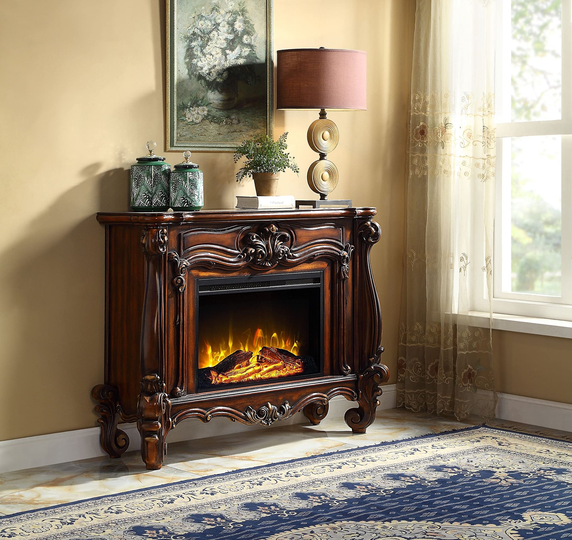 Acme Versailles Rectangular Carving Wooden Frame Fireplace in Cherry Oak - WoodArtSupply