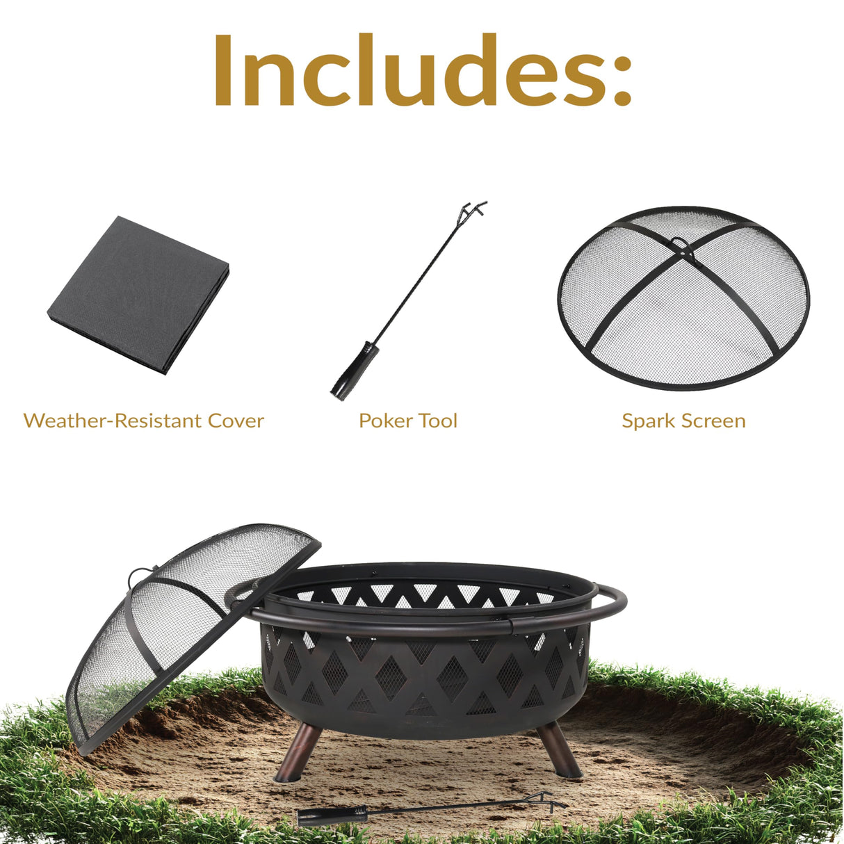 Sunnydaze Black Crossweave Outdoor Fire Pit - Wood-Burning Fire Pit for Outside with Spark Screen, Poker and Cover - 36-Inch Sunnydaze