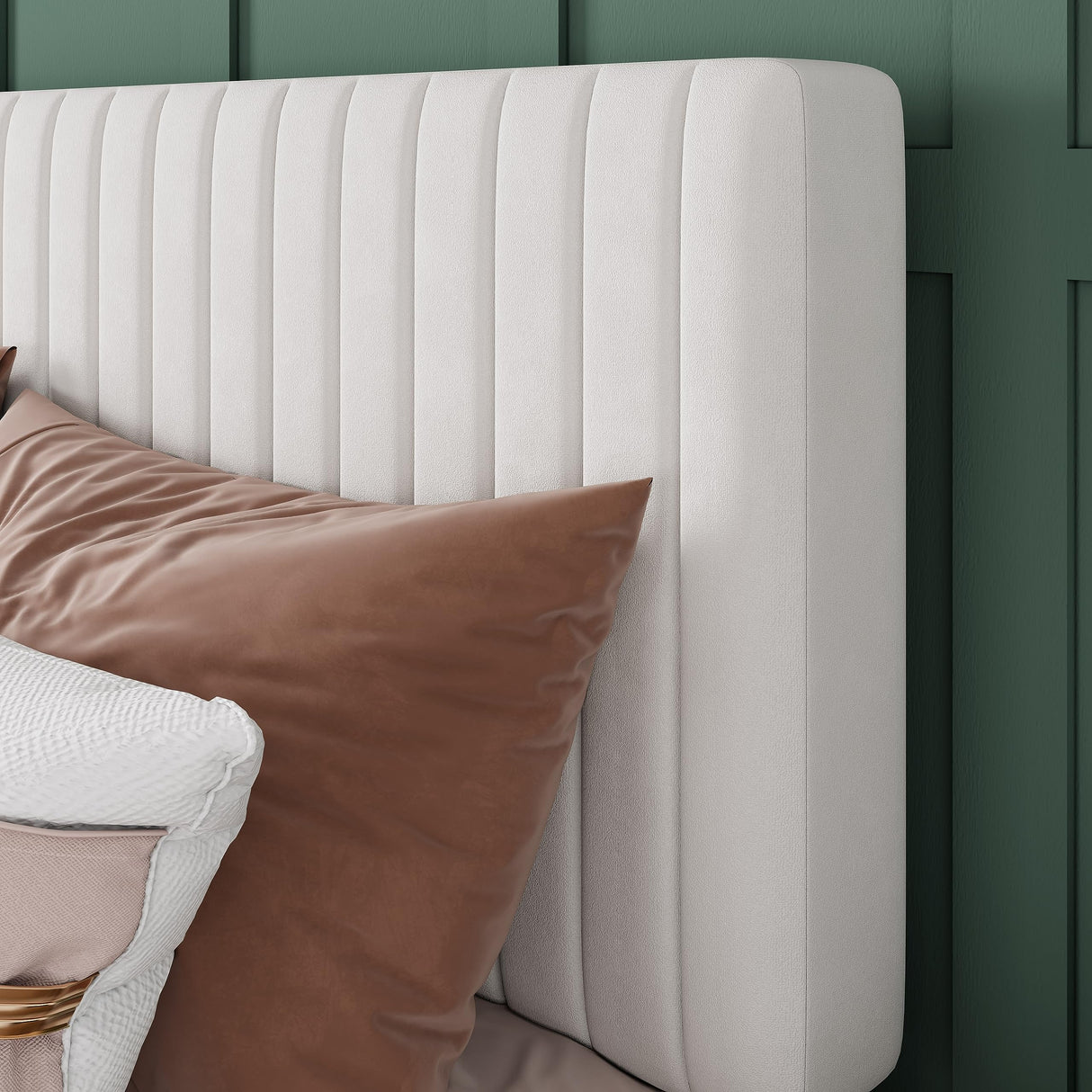 Allewie Queen Bed Frame, Velvet Upholstered Platform Bed with Adjustable Vertical Channel Tufted Headboard, Mattress Foundation with Strong Wooden Slats, Box Spring Optional, Easy Assembly, White Allewie