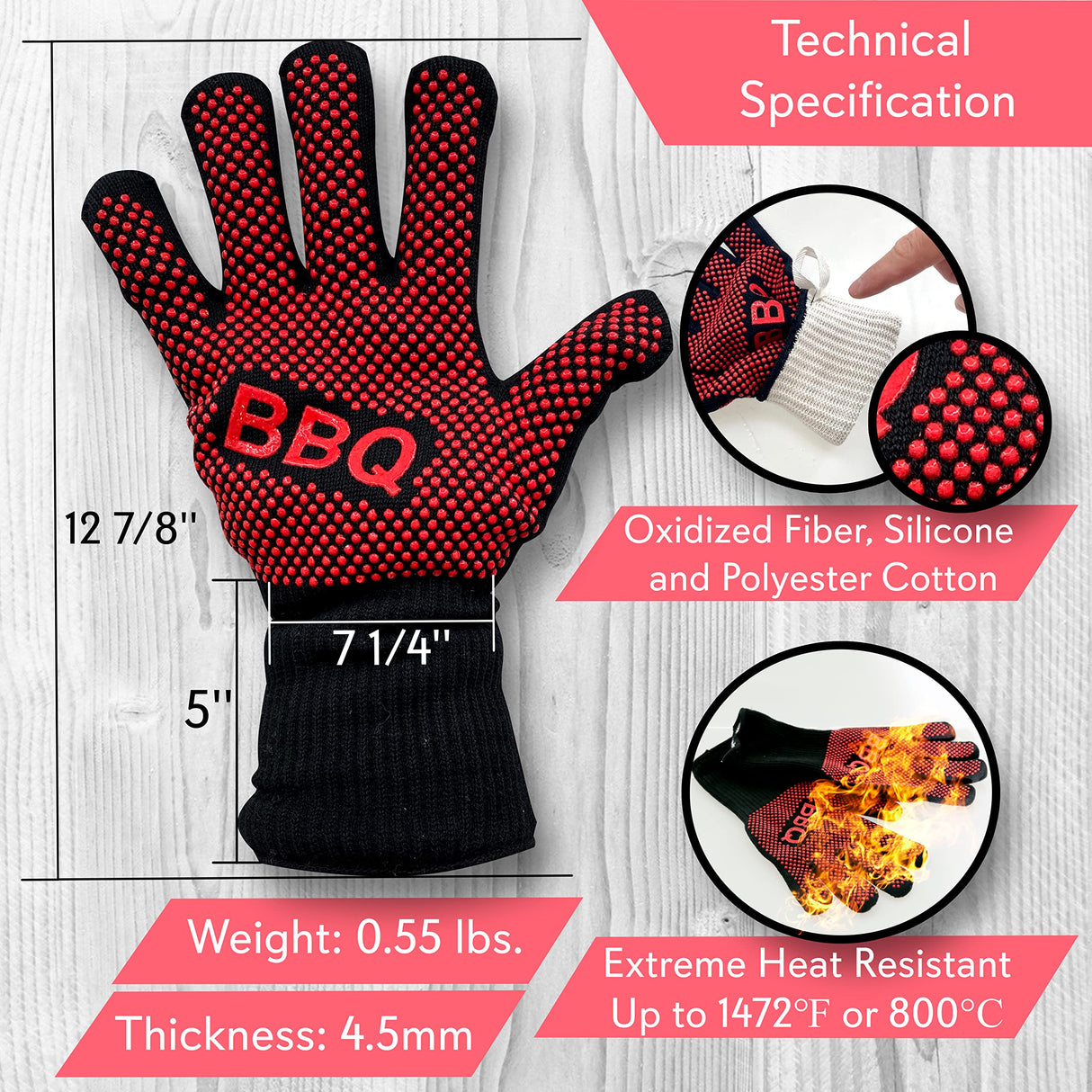 NutriChef BBQ Gloves - 1472°F Heat Resistant, Fireproof Mitts with Non-Slip Silicone Grip, Perfect for Barbecue, Grilling, Cooking, Baking & Camping, 14-inch, Food Grade, Washable Kitchen Oven Mitts NutriChef