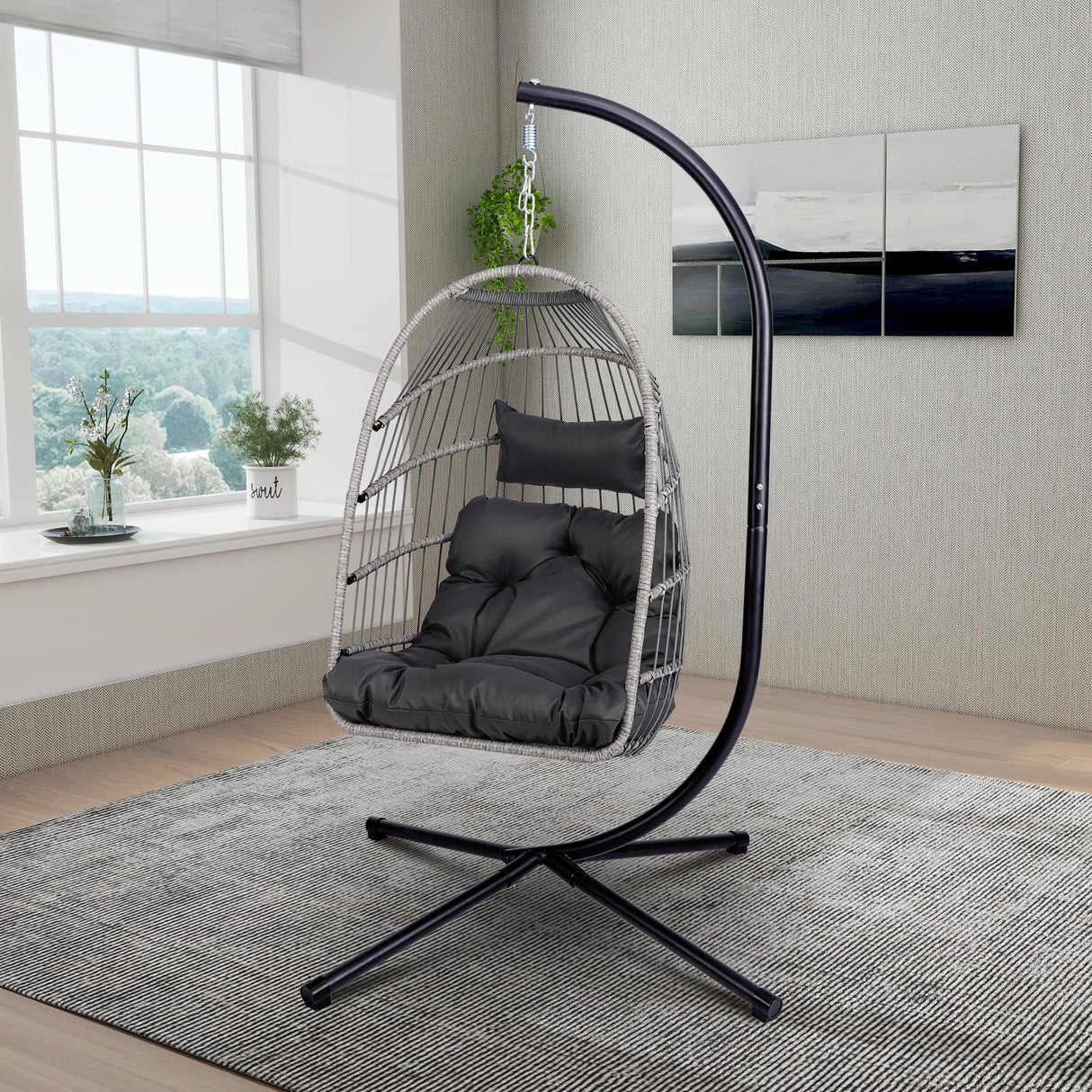 Foldable Hanging Egg Chair with Stand, HDPE Rattan and Heavy Duty Aluminum-Steel Frame, Outdoor Patio Wicker Swing Egg Chair with Headrest and Cushioned, 350 Lbs Capacity (Dark Grey) DAIJIA CHINA