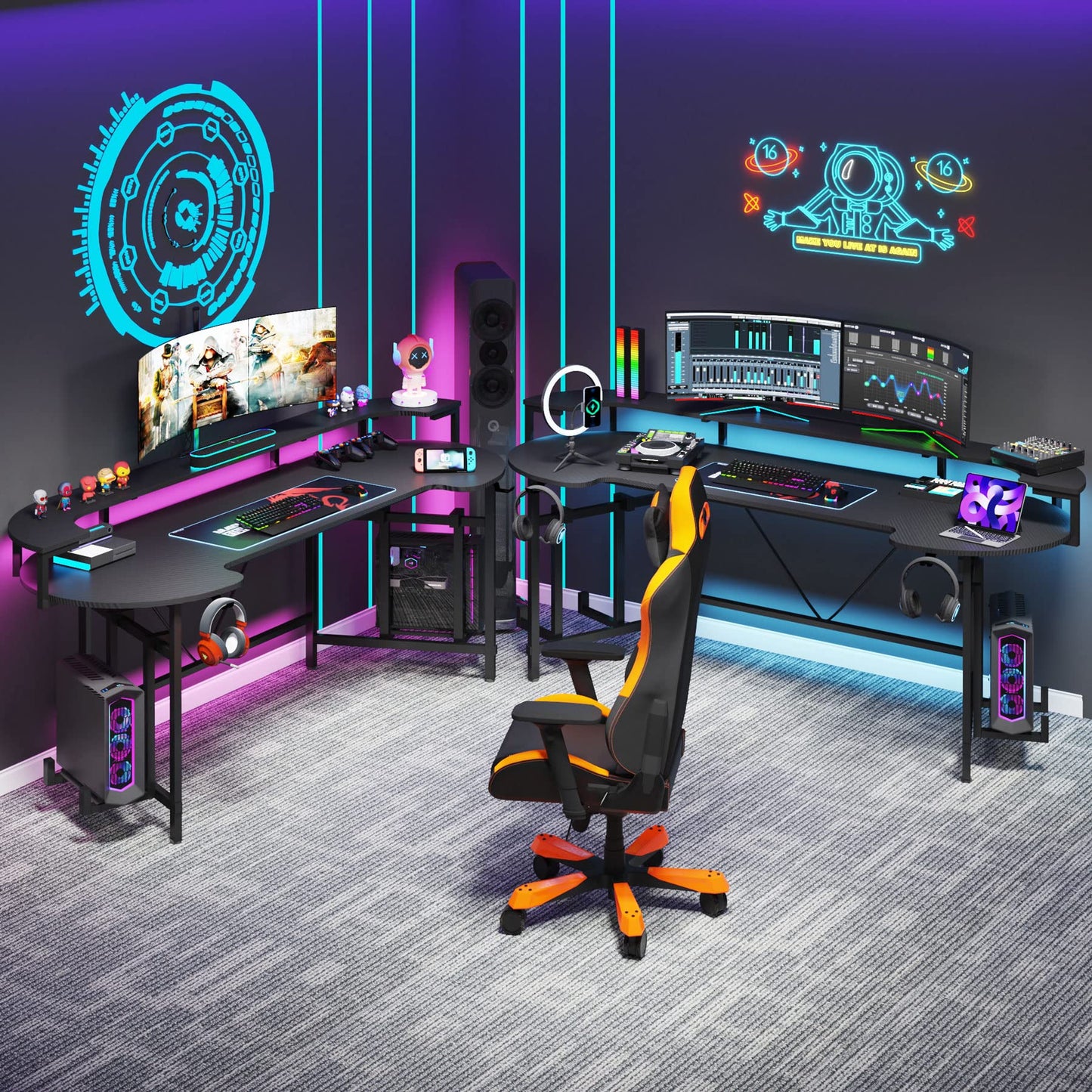 Tribesigns 75 Inch Gaming Desk with Monitor Shelf, Large PC Computer Desk with LED Lights, Gaming Table Gamer Desk for Bedroom, Home Office, Black - WoodArtSupply