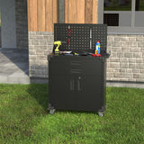 GangMei Black Tool Cart with 2 Drawer and Lockable Door,Garage Storage Cabinet on Wheels with Pegboard and 4 Hooks,Industrial Service Utility Tool Cart for Mechanics, Garage, Workshop GangMei