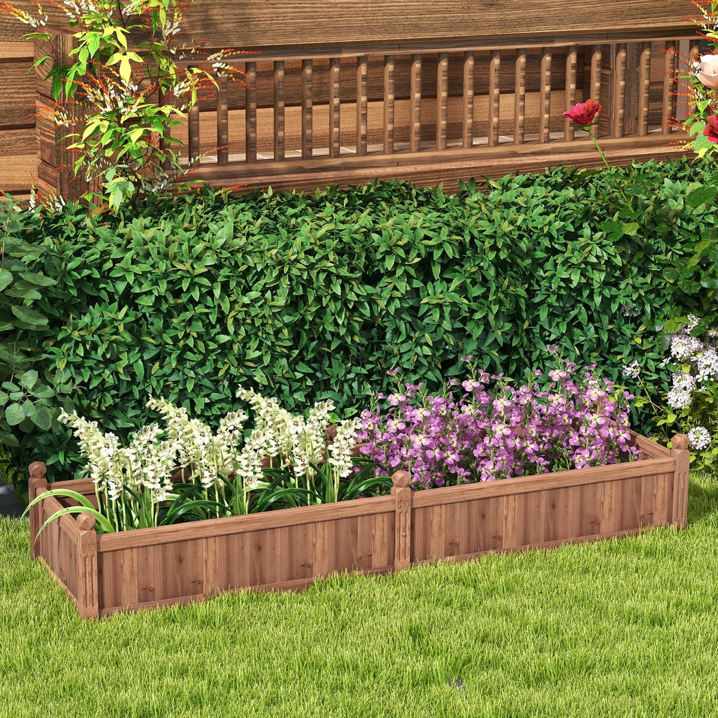 Giantex Wood Raised Garden Bed, Planting Bed with Corner Drainage, Non-Woven Liner for Growing Vegetables, Flowers, Herbs, Fruits, 91”x24”x16” Divisible Planter Box for Backyard, Garden, Lawn