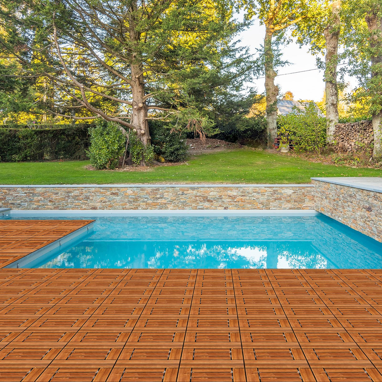 9Pcs Wood Interlocking Deck Tiles,Flooring Tiles, Tiles Interlocking Waterproof for Indoor and Outdoor, Patio Wood Flooring for Patio Porch Poolside Balcony Backyard (11.8"x11.8" -Checked Pattern) Shyneer