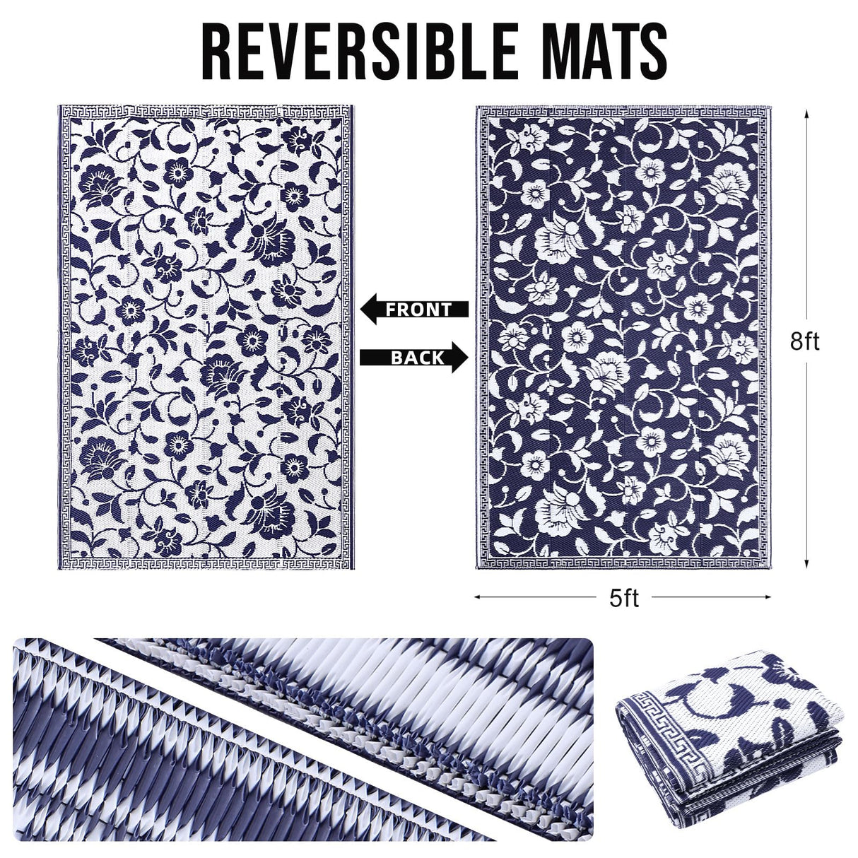 OLANLY Waterproof Outdoor Rug 5x8 ft, Outdoor Plastic Straw Rug with Flower Pattern, Reversible RV Mat for Patio, Camping, Balcony, Deck, Backyard, Navy & White OLANLY