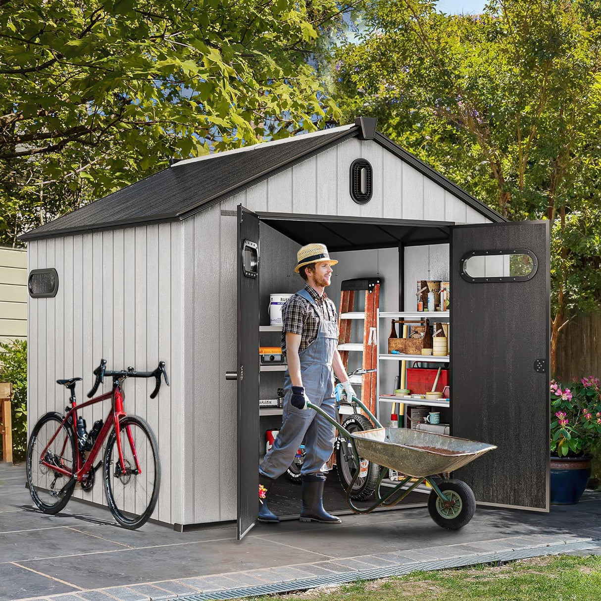 YITAHOME 8x8ft Outdoor Plastic Storage Shed with Floor, 427 cuft Waterproof Garden Shed with Lockable Door, Windows & Vents, Plastic Tool Storage for Patio Furniture, Lawn Mower, Bike Storage, Gray YITAHOME