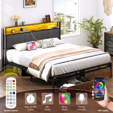SogesSleep Queen Bed Frame with Headboard, Upholstered Bed Frame Queen Size with Storage and Charging Station & LED Lights, No Box Spring Needed Bed Frame, Noise Free & Easy Assembly SogesSleep