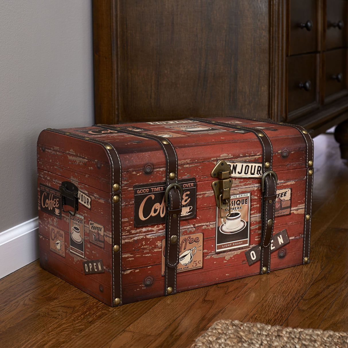 Household Essentials Medium Decorative Trunk, Coffee Shop Faux Decoupage, Antique Exterior, Leather and Metal Accents, Fabric Interior, Hinged Lid, Brown Household Essentials