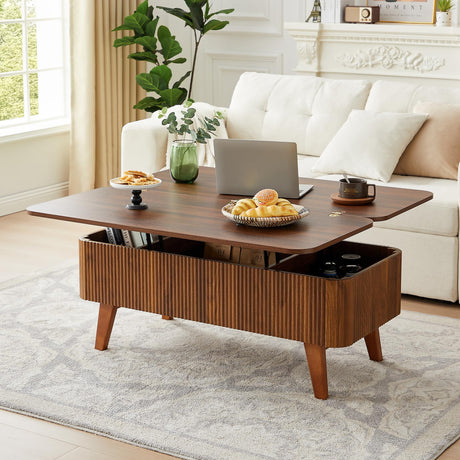 3 in 1 Lift Top Coffee Table, Fluted Convertible Coffee Tables Converts to Dining Tables, Modern Oval Wooden Center Table with Storage for Living Room Office Small Space, Partial Assembly (Walnut) ORRD