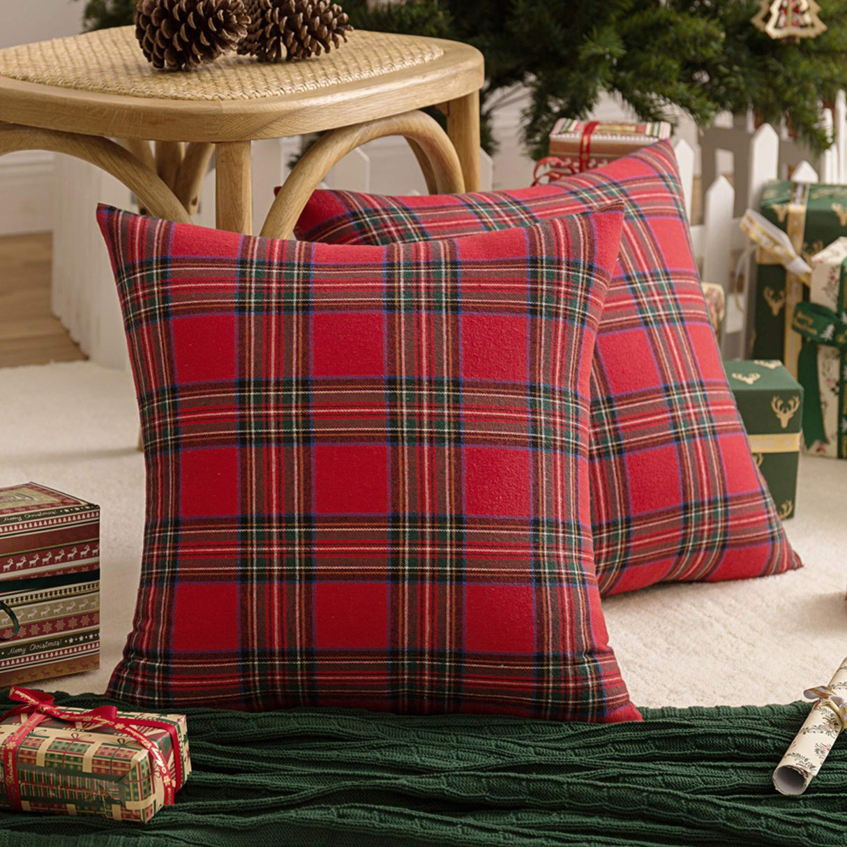 AQOTHES Pack of 2 Christmas Plaid Decorative Throw Pillow Covers Scottish Tartan Cushion Case for Farmhouse Home Holiday Decor Red and Green, 18 x 18 Inches AQOTHES