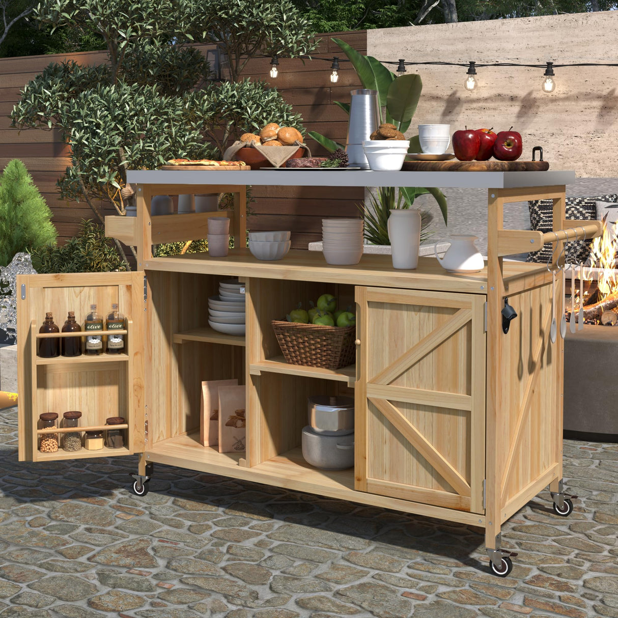 CKLMMC Farmhouse Outdoor Kitchen Island, Rolling Bar Cart & Storage Cabinet with Stainless Steel Top, Spice Rack, Towel Rack for Kitchen & Barbecue, Solid Wood Outdoor Grill Table (Natural) CKLMMC