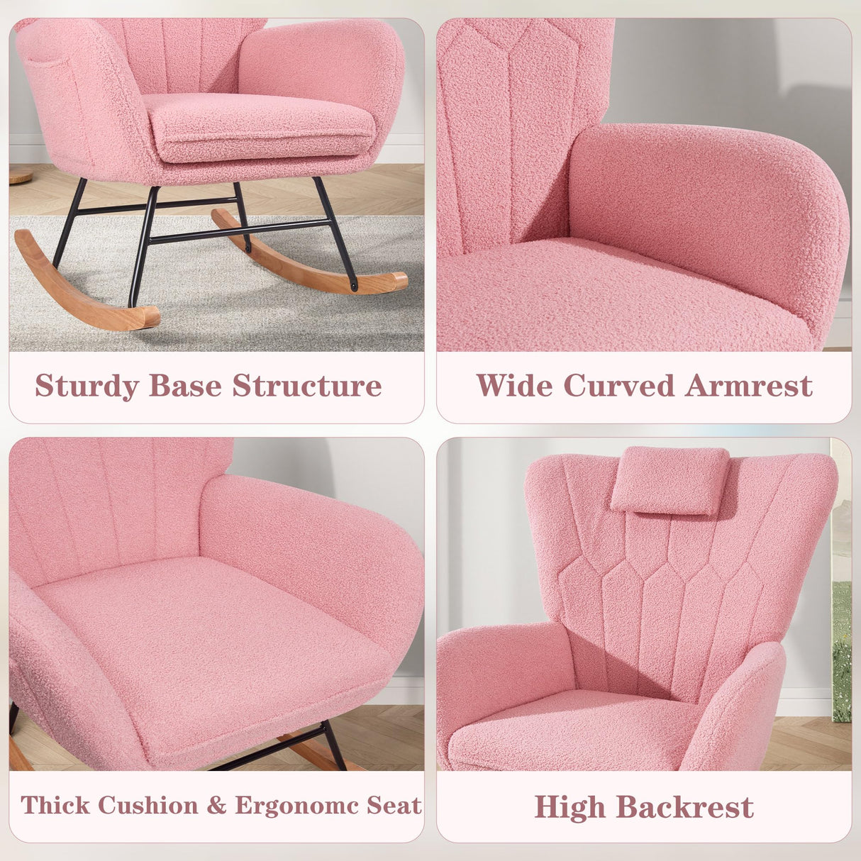VECELO Rocking Chair Nursery with Thick Headrest, Modern Teddy Upholstered Reading Glider Rocker Accent Armchair with High Backrest, Padded Seat, Side Pocket, for LivingRoom, Baby Room, Soft Pink VECELO
