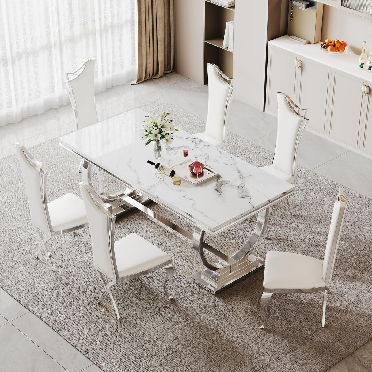 70'' Marble Dining Table for 8 People, Rectangle Faux Marble Dining Table with Silver Mirrored Finish Stainless Steel Base, Modern Marble Kitchen Table for Living Room Home Office AF ARTISAN FURNITURE