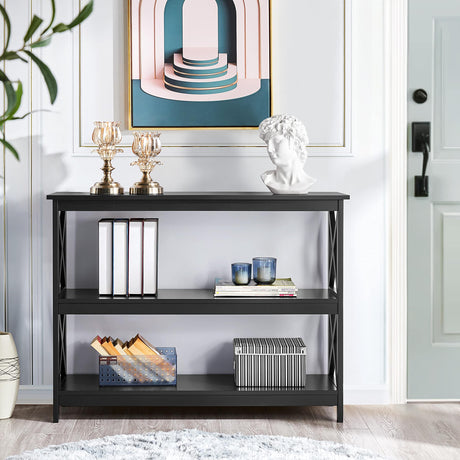 Yaheetech Modern 3-Tier Black Console Table with Storage Shelves Yaheetech