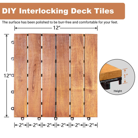 PrimeZone 27 PCS Solid Acacia Wood Interlocking Deck Tiles - 12" x 12" Waterproof Indoor Outdoor Patio Flooring Decking Tiles for Balcony, Backyard & Poolside, All Weather Use, Natural Wood PrimeZone