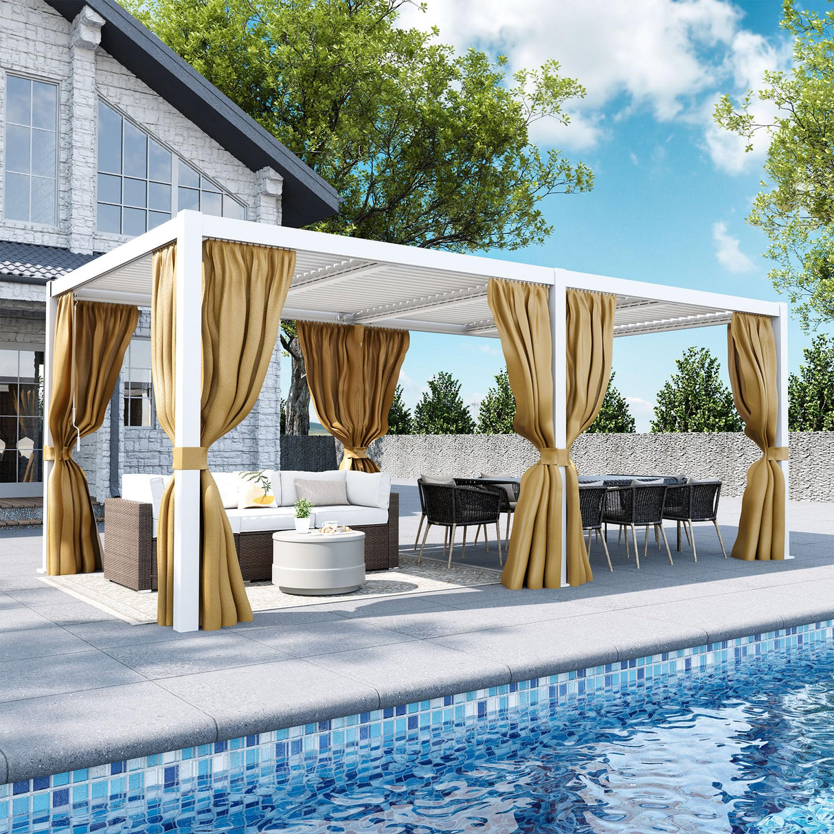 COSIEST 10'X20' Aluminum Louvered Pergola, All-Weather Adjustable Roof with Mosquito-Proof & UV Protection Netting Privacy Curtains for Deck, Backyard, Garden Outdoor Living Space (White) COSIEST