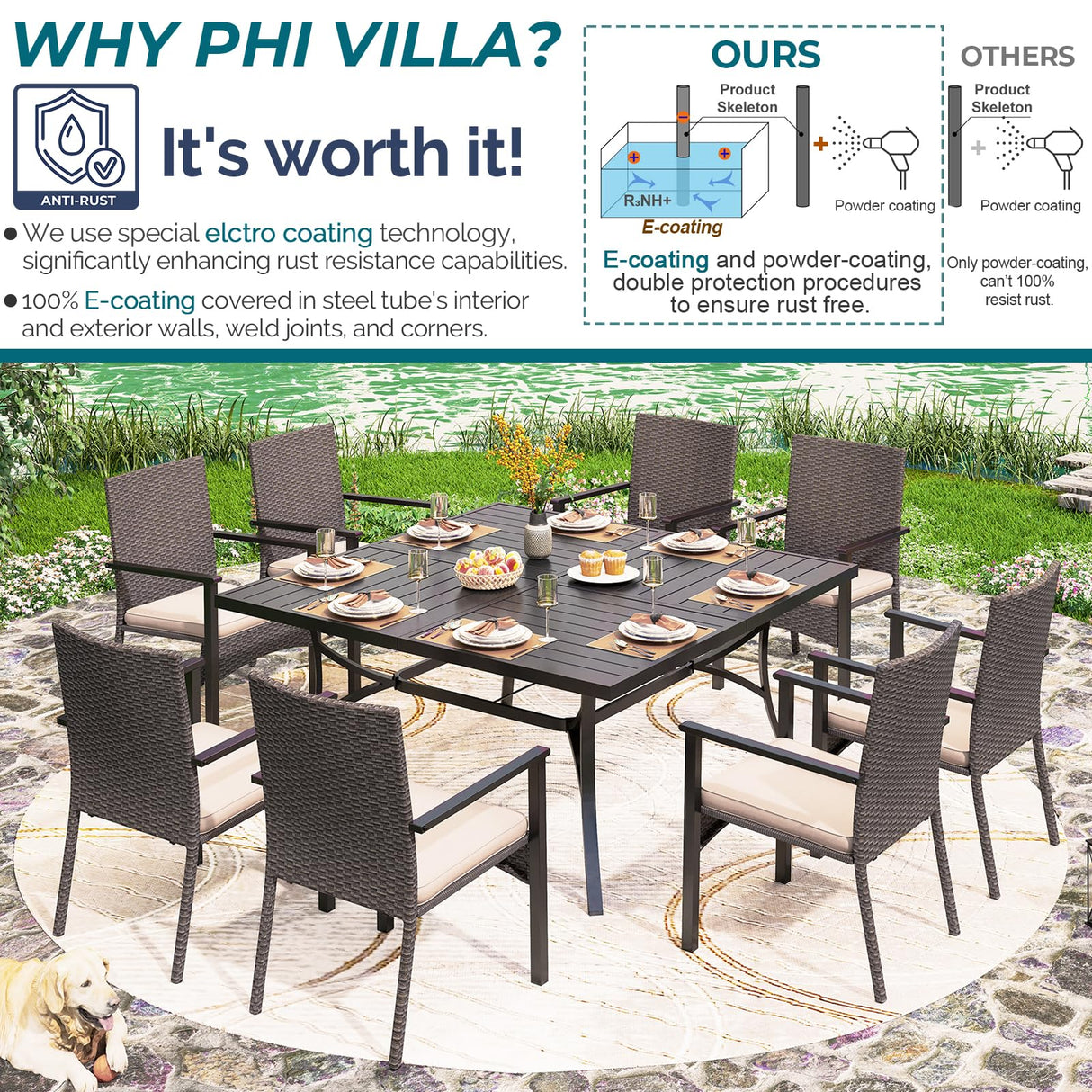 PHI VILLA 9 Pieces Square Outdoor Dining Table Set for 8, 60” Large Metal Steel Dining Table & Rattan Wicker Chairs with Cushions, Dining Furniture Set for Patio, Deck, Yard, Porch PHI VILLA