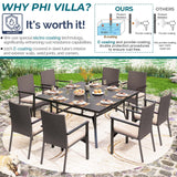PHI VILLA 9 Pieces Square Outdoor Dining Table Set for 8, 60” Large Metal Steel Dining Table & Rattan Wicker Chairs with Cushions, Dining Furniture Set for Patio, Deck, Yard, Porch PHI VILLA