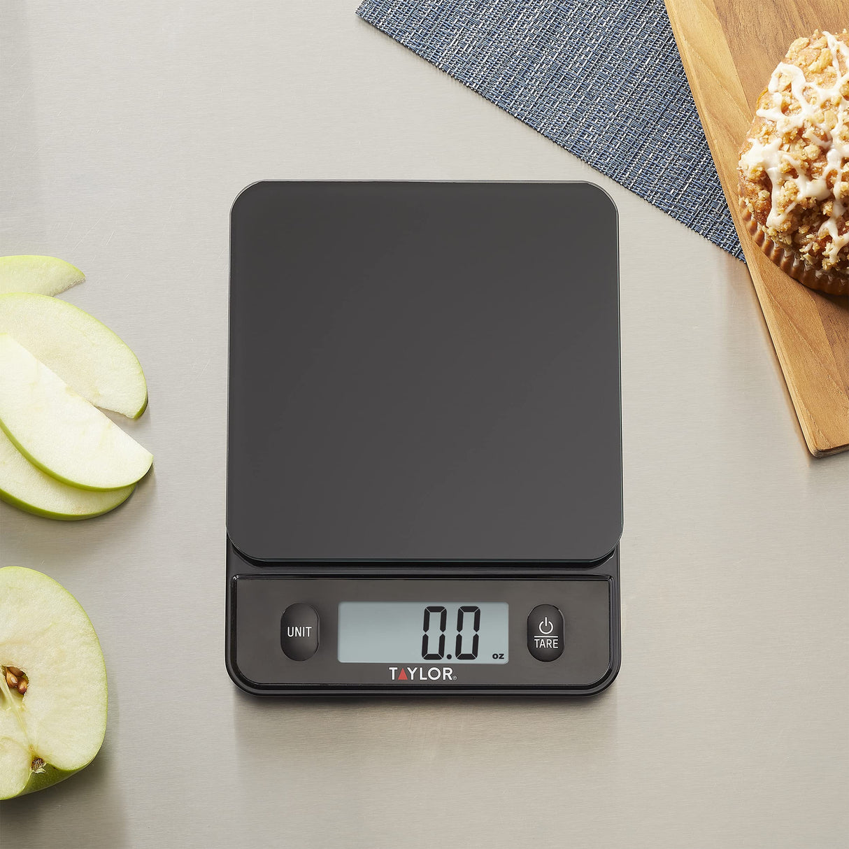 Taylor Glass Top Food Scale with Touch Controls, 11 lb Capacity, Sleek Black Design for Precision Food Measurement in Grams and Ounces Taylor