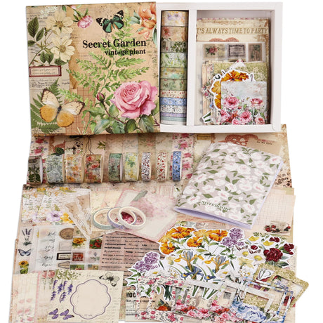 Vintage Botanical Scrapbooking Supplies Kit, Aesthetic Flower Scrapbook Kit for Bullet Junk Journal, 12 Rolls Washi Tape, Stickers Papers for DIY Journaling Supplies, Craft Gift for Girl Kid Women emmoolife