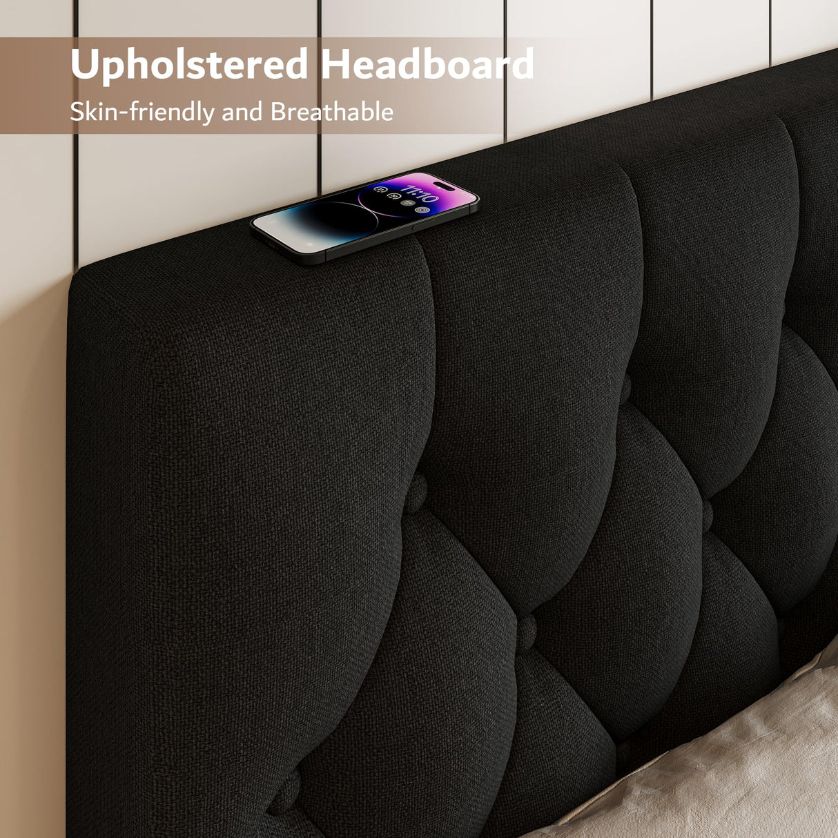 iPormis Upholstered Full Size Bed Frame with Button Tufted Headboard, Linen Platform Bed with Thickened Support Legs, Noise-Free/No Box Spring Needed/Easy Assembly, Black iPormis