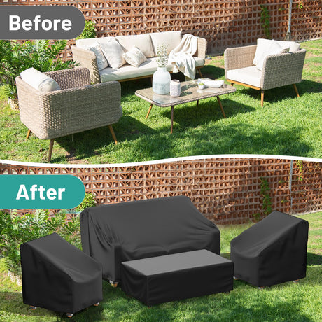 Mrrihand Patio Furniture Covers, 4 Piece Outdoor Furniture Cover Waterproof includ Ourdoor Sofa Cover, 2 Chair Covers, Coffee Table Cover with Windproof Buckle Strap and Adjustable Drawstring Mrrihand