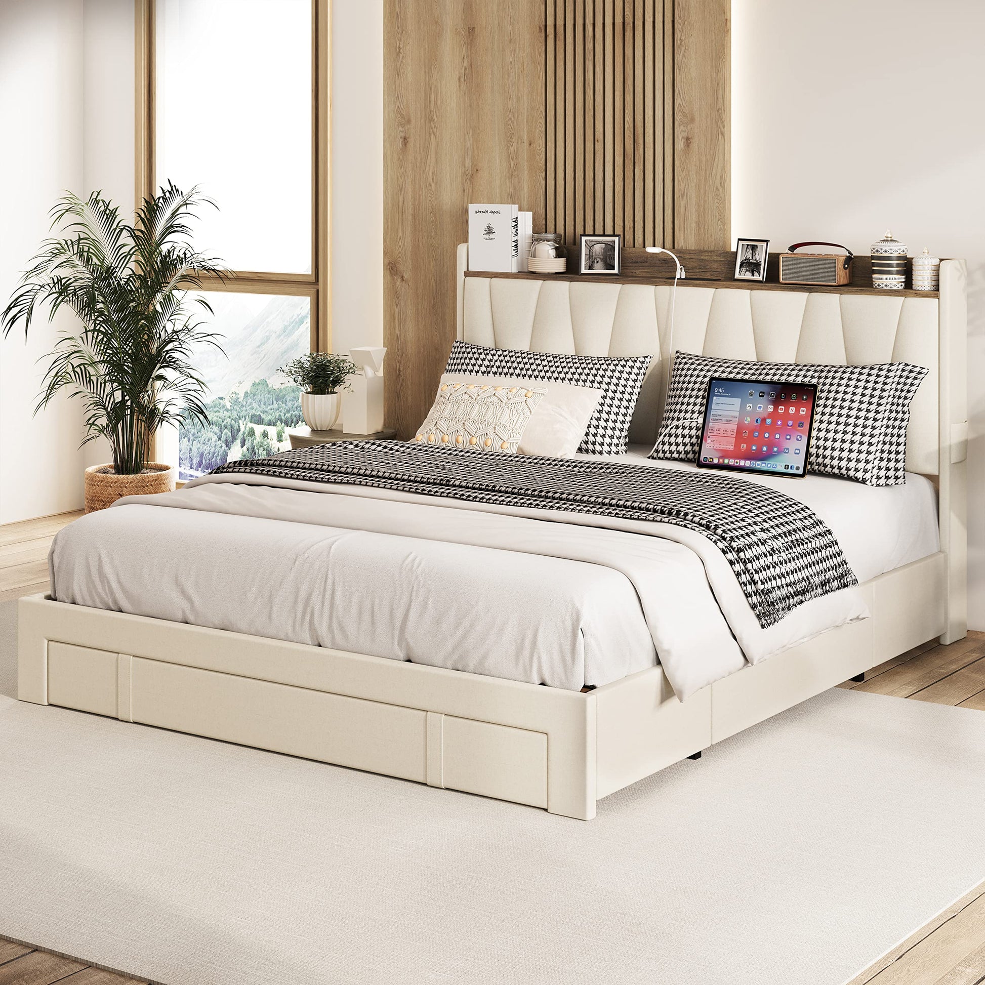 ANTCOR Upholstered Queen Bed Frame with 3 Storage Drawers and Charging Station in Beige - WoodArtSupply