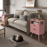 JOONEE Pink Nightstand with Charging Station and LED Lights,Modern Bedside Table with 2 Storage Drawer and Open Wood Shelf, for Bedroom and Small Spaces,Night Stand with Solid Wood Legs,Pink JOONEE