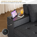 YITAHOME Queen Size Sleeper Sofa, 5-in-1 Convertible Sofa Bed Couch with 2 Storage Cabinets and USB Ports, 100" Sectioanl Sofa Couch with 2 Throw Pillow for Living Room, Grey Linen Fabric YITAHOME